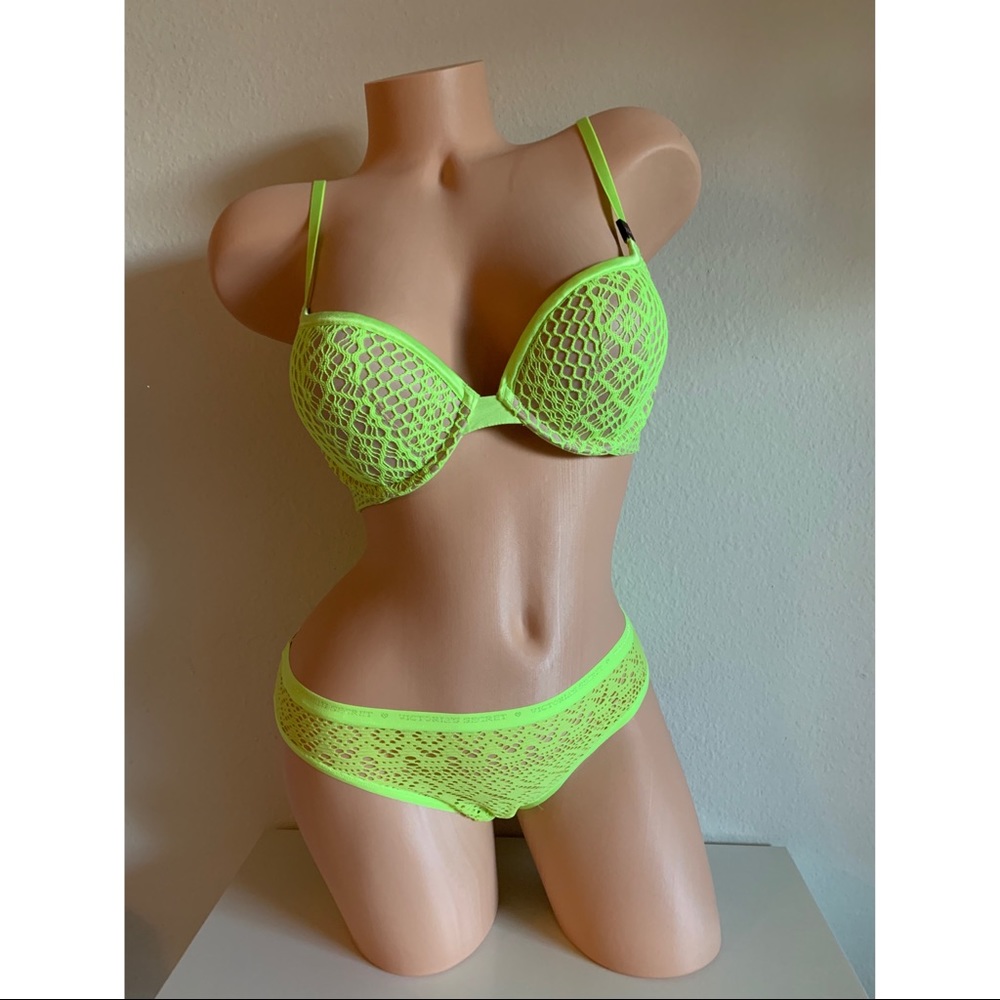 Victoria’s Secret VS Neon Yellow Mesh Push Up Bra and Panty Matching Set 32C M